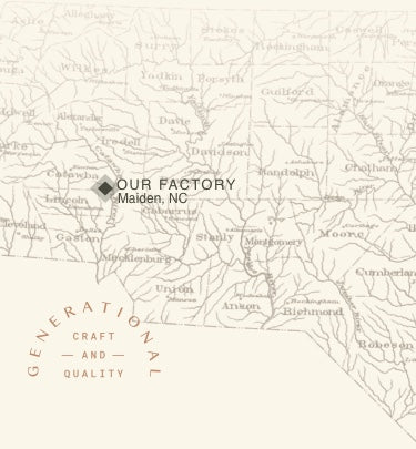 A map of North Carolina denoting generational craft and quality with Our Workshop pinned over Maiden, NC